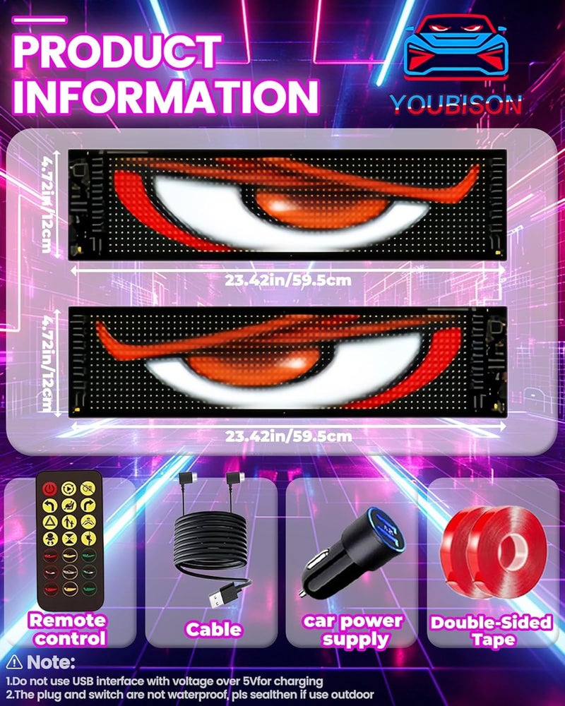 YOUBISON 2PCS 23"x5" أضواء عيون الشيطان للزجاج الأمامي - مزامنة مزدوجة الشاشة، عيون LED للسيارات/الشاحنات/SUVs/الـ RV مع تحكم عبر التطبيق، نص مخصص، رسوم متحركة ورسومات (23x5 بوصة-2PCS) - Image 2